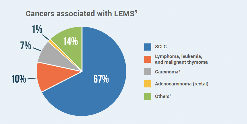 Cancers Co-Occurring with LEMS pie chart - small cell lung cancer (SCLC) is the largest cancer co-occurring with LEMS at 67%